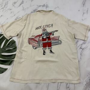 Tori Richard Mens Nick Live Christmas Hawaiian Shirt Size L Cream Silk Santa Car